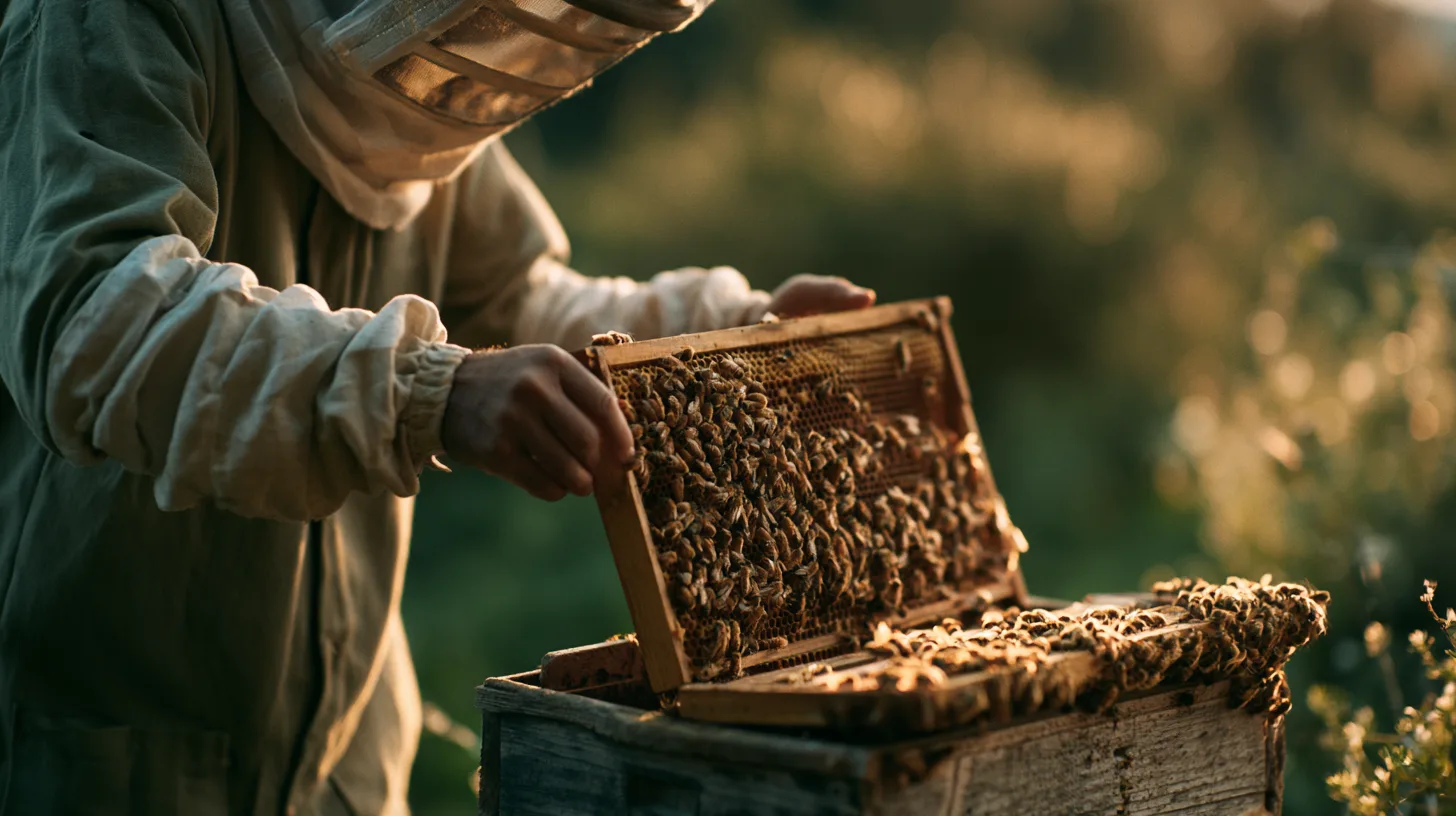 Symbolbild Bienenstock mit Imker – Bienentierarzt
